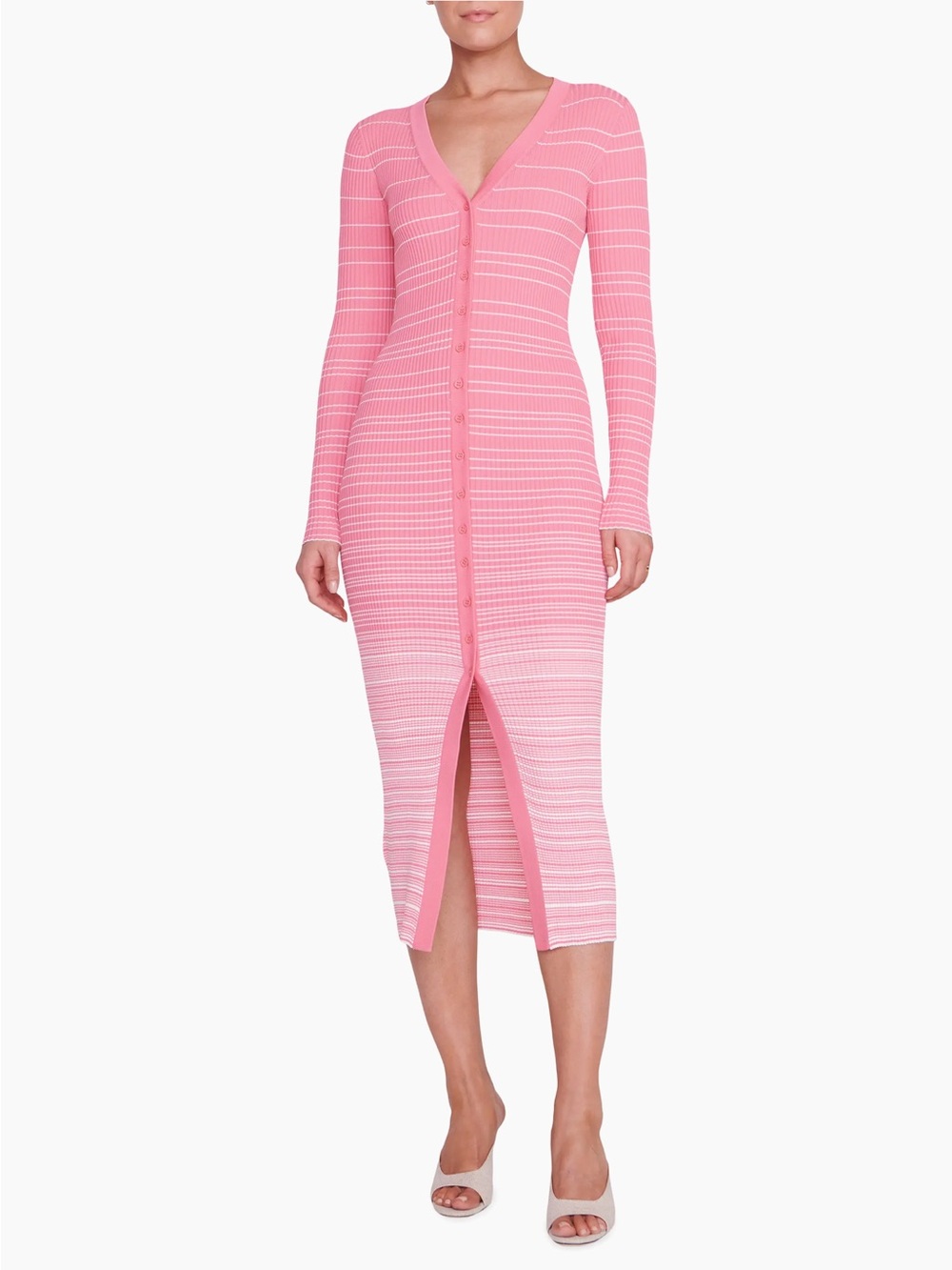 STAUD Shoko Ombrรฉ Sweater Dress button down long coral pink white ribbed knit